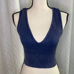 V Neck Tank Crop Tank- One Size - denim blue
